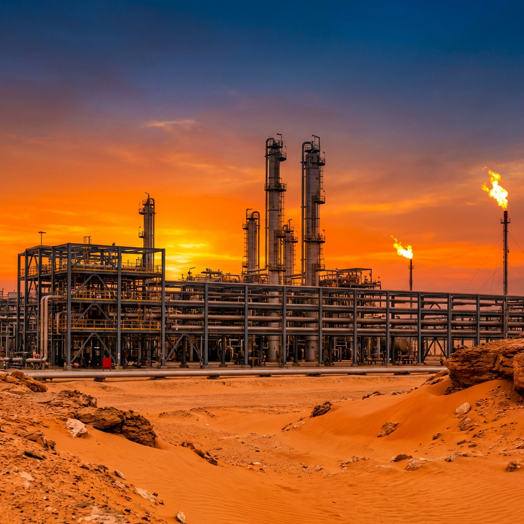 Oil refinery with tall towers and gas flares in a desert landscape under a sunset sky.